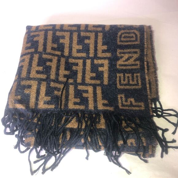 FENDI Navy Blue Tan Wool Silk Scarf with Decorative Tassels NWOT - Picture 11 of 11